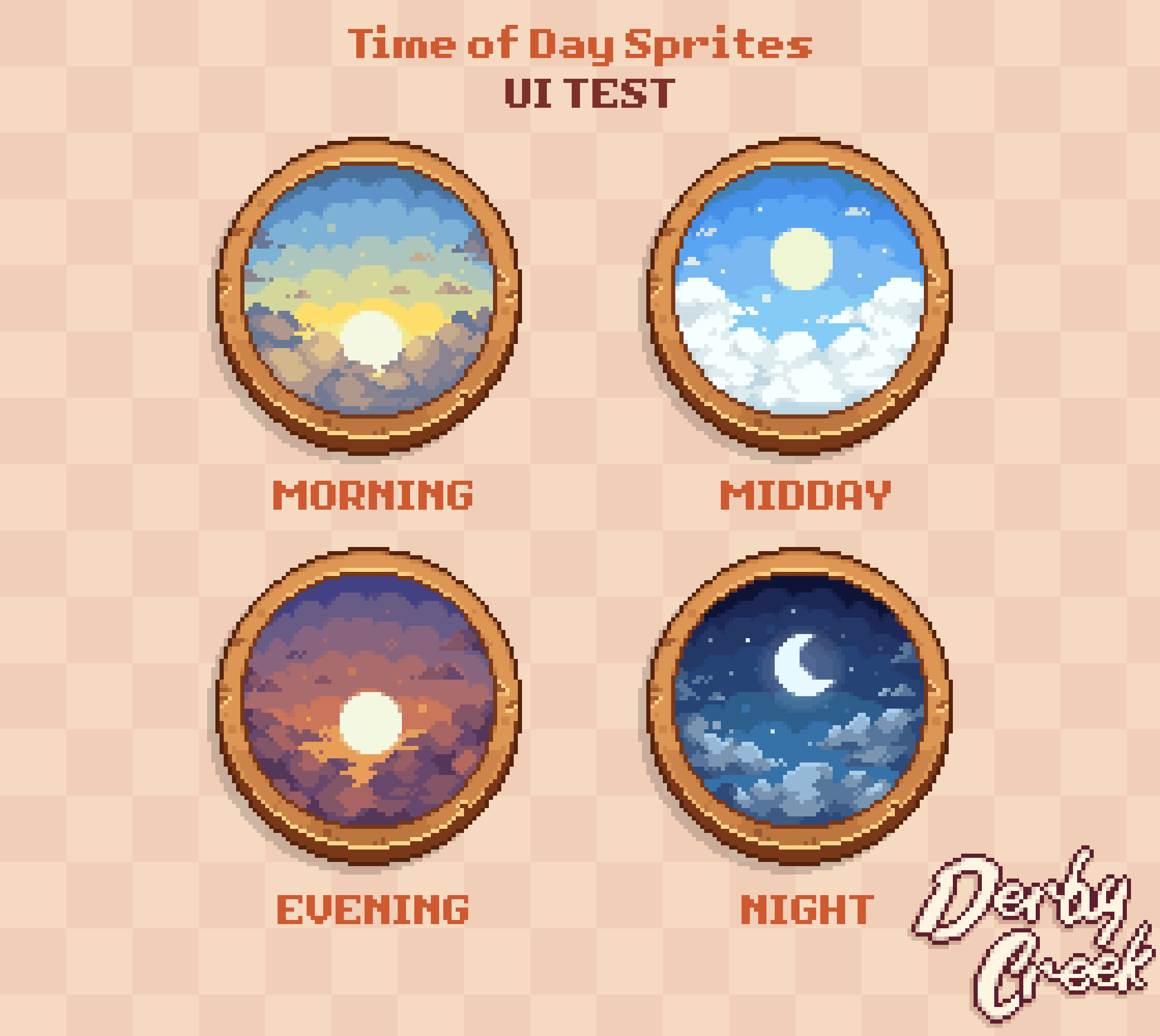 Derby Creek time of day UI preview showing four porthole windows for morning, midday, evening, and night