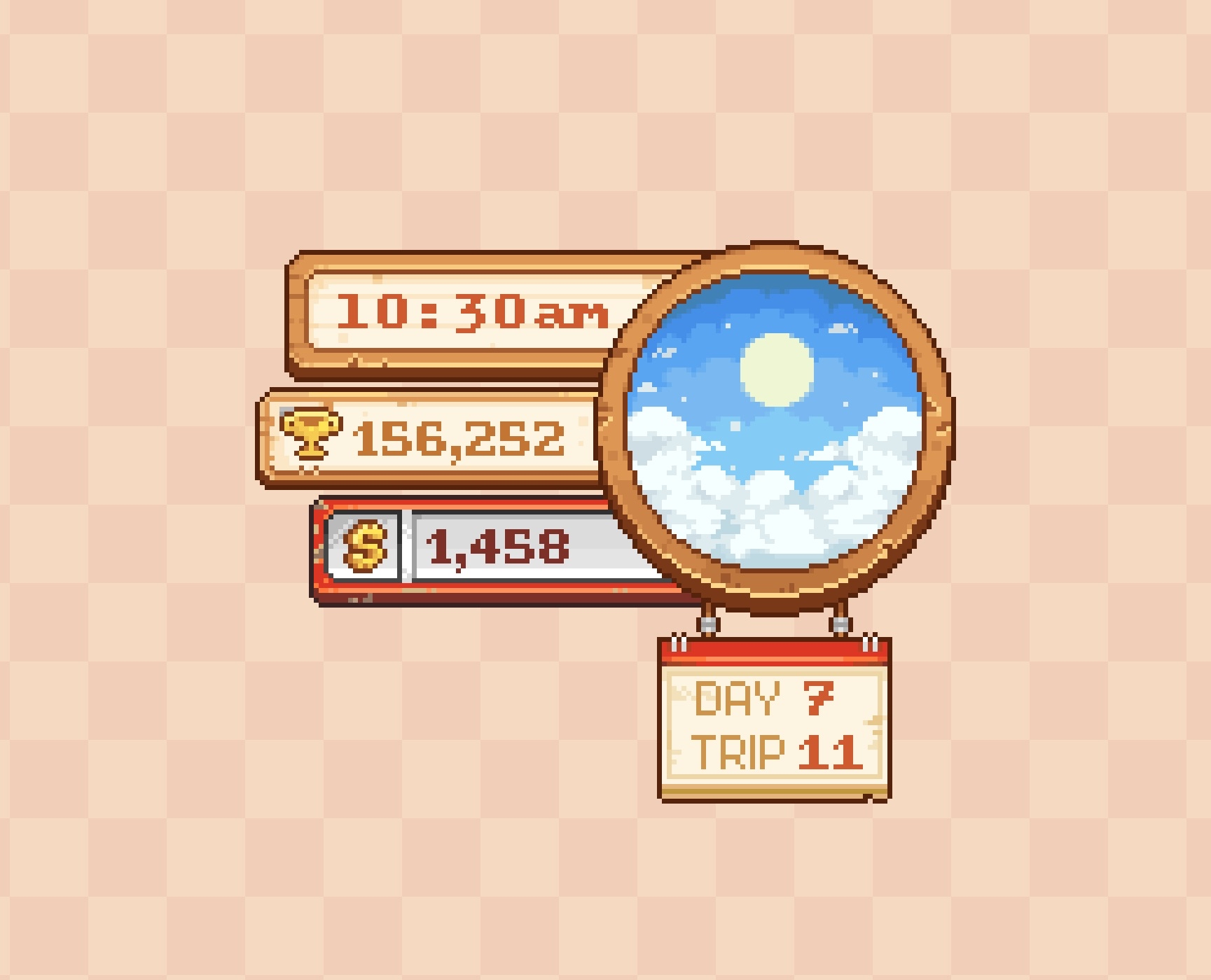 Derby Creek full HUD assembly showing porthole, time stamp, score, currency, and calendar